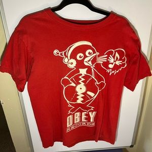 Obey Records Red Men's Size Large Glow In the dark Reversible T-shirt